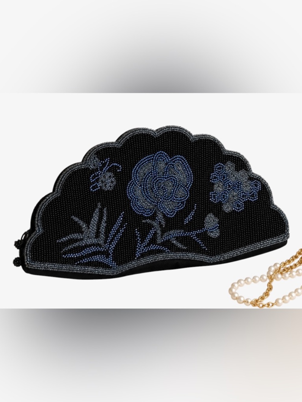 Vintage Art Deco Silk Beaded Floral Scallop Evening Clutch Bag Black Noir